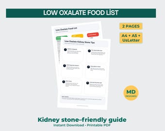 Prevenga los cálculos renales con esta lista de alimentos bajos en oxalato (Tabla de dieta imprimible en PDF)