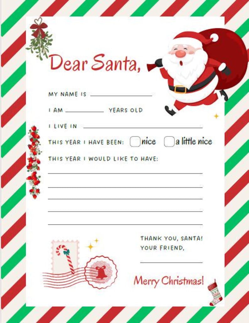 Dear Santa letter template with a red and green striped border and Santa carrying a sack