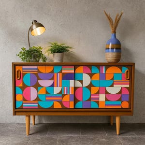 Hand-Painted MCM Geometric Sideboard, Solid Wood Console