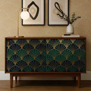 Hand-Painted Art Deco Sideboard, Geometric Green & Gold Credenza