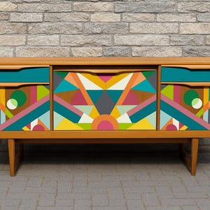 Hand Painted Sideboard: MCM Pop Art Geometric Wood Console Table