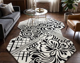 Alfombra abstracta en blanco y negro, forma irregular, alfombra moderna, alfombra de diseño llamativa, alfombra para sala de estar, alfombra de lujo a medida.