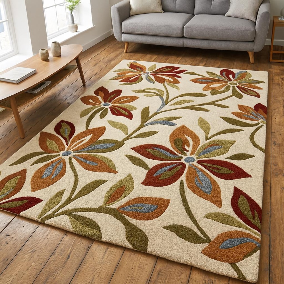 Handmade Floral Wool Area Rug, Modern Botanical Living Room Rug, Cream ...