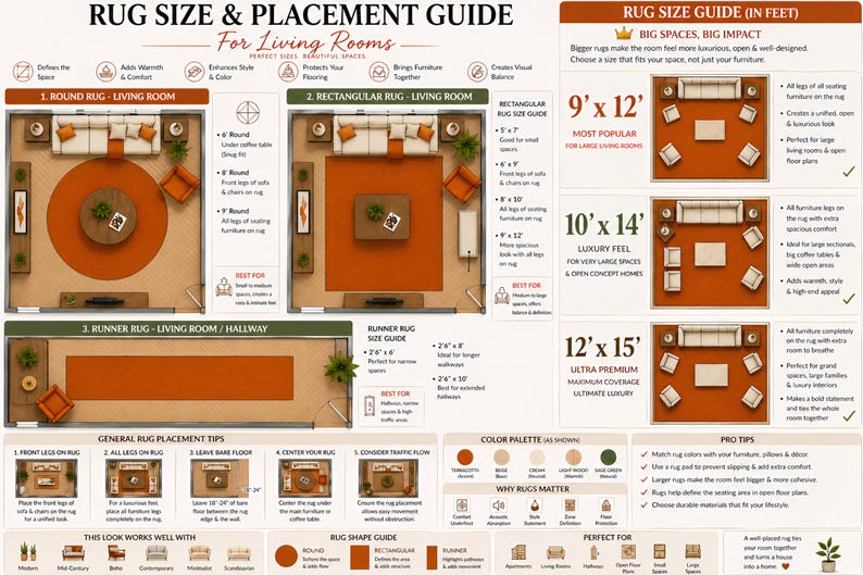 May include: A rug size and placement guide for living rooms. The guide shows different rug shapes and sizes, including round, rectangular, and runner rugs. It also provides tips on placement and color palettes.
