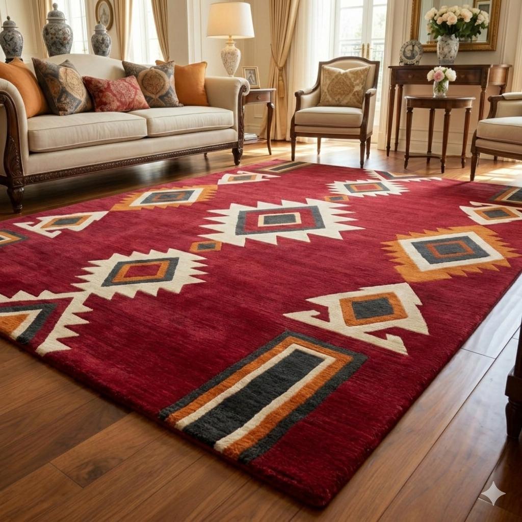 Red Tribal Area Rug, Southwestern Geometric Living Room Carpet, Boho ...