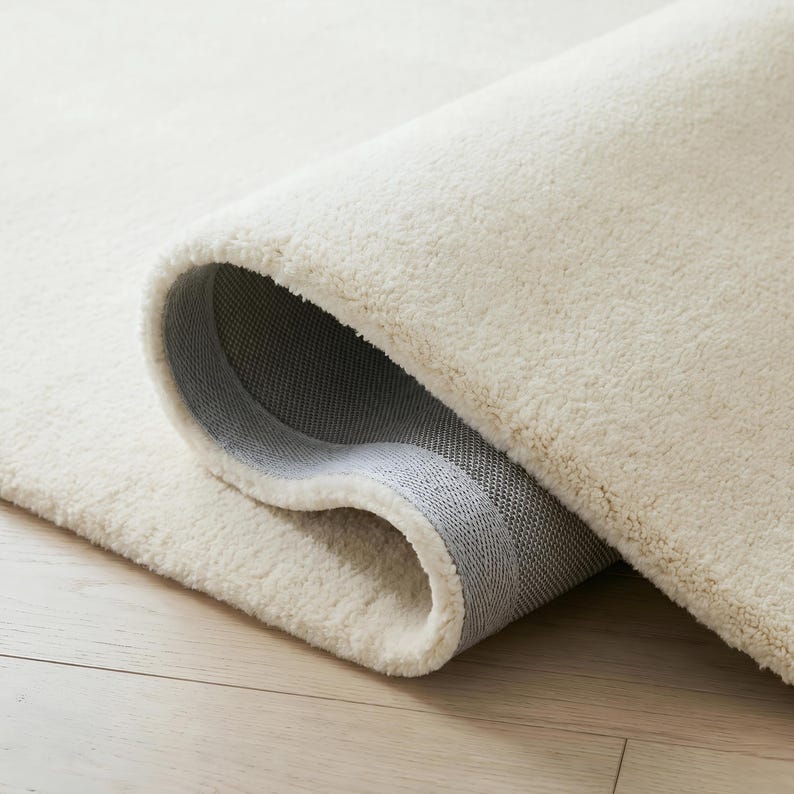 May include: A rolled-up, off-white rug with a plush, textured surface. The underside reveals a gray backing. The rug is on a light-colored wooden floor.