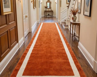Rust Orange Runner Rug with Ivory Line Border, Modern Minimalist Rectangle Hallway Carpet, Entryway Staircase Decor Non-Slip Backing Rugs
