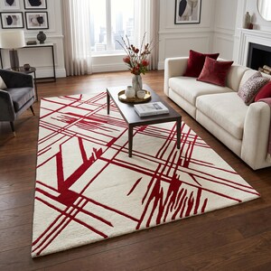 Red Abstract Geometric Line Area Rug Hand Tufted Soft Wool Modern Ivory Carpet Living Room Bedroom Home Decor Contemporary Accent Gift