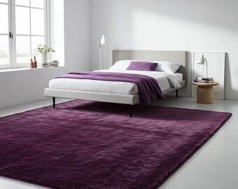 Plum Purple Shag Rug | Soft Fluffy Bedroom Carpet | Modern Thick Pile Area Rug | Handmade Wool Floor Decor | Custom Size Rug