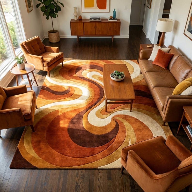 Retro Swirl Orange Brown Area Rug for Living Room, Mid Century Modern ...