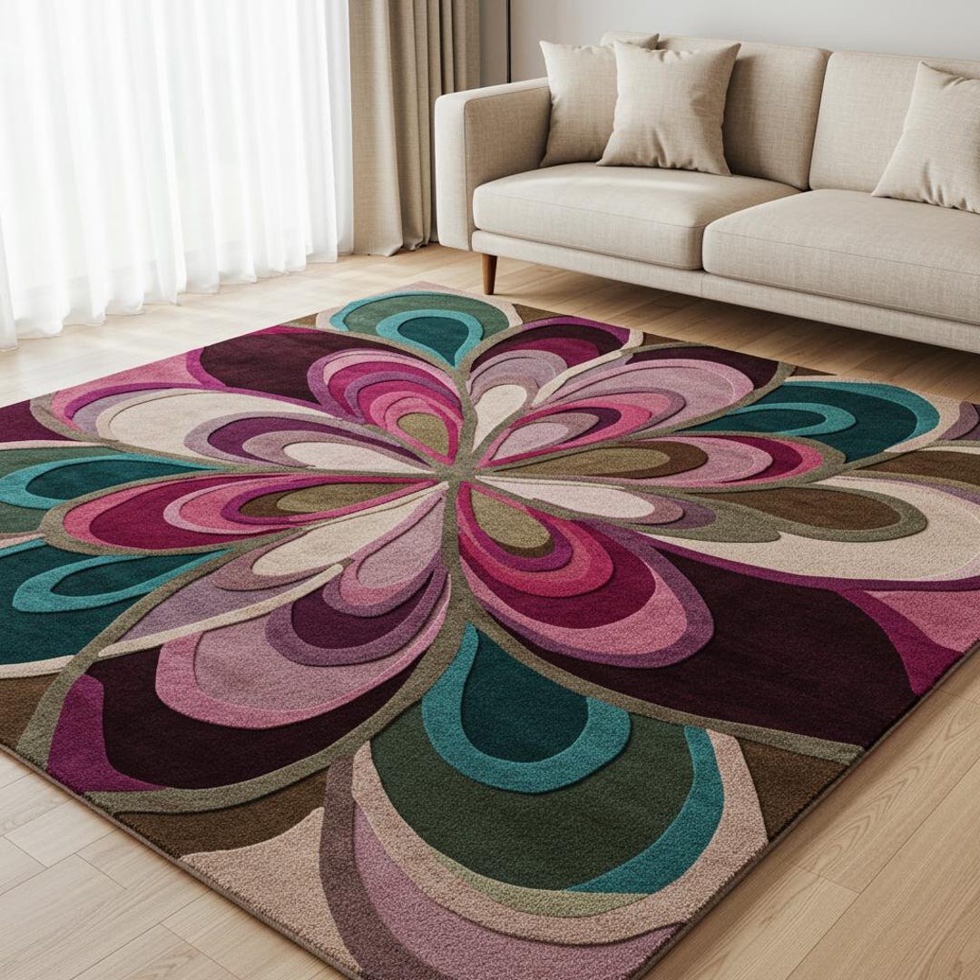 Abstract Floral Rug Colorful Tufted Modern Area Rug Pink Green Boho Mid ...