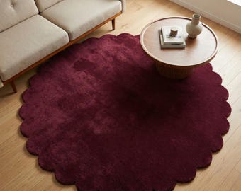 Round Scalloped Wool Rug, Handmade Burgundy Area Rug, Modern Minimal Round Carpet, Luxury Hand Tufted Wool Rug by Jaish Rugs Creation