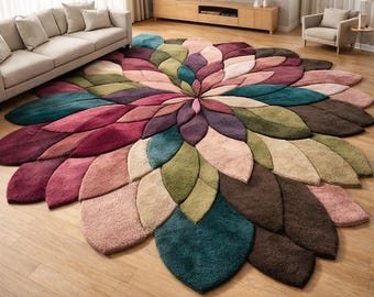 Hand Tufted Floral Petal Rug Sculpted High Pile Abstract Flower Shape Plush Modern Living Room Statement Decor Art Carpet Home Accent Style