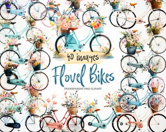 Floral Bikes Clipart Bundle | 40 Watercolor Vintage Bicycle PNGs (Digital Download)