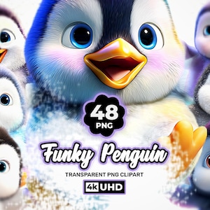 May include: A collection of cartoon penguins with blue, white, and black feathers, and yellow beaks. The image includes the text "Funky Penguin" and "48 PNG" with "Transparent PNG Clipart" and "4K UHD" text.