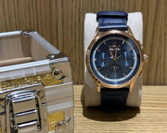 Vintage Jaeger-LeCoultre Automatik-Uhrwerk Blaues Zifferblatt Rose Gold Edelstahl Körper Blau Lederarmband Herren Armbanduhr