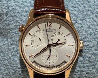 Vintage Jaeger-LeCoultre Automatic Movement White Dial Rose Gold Stainless Steel Body Brown Leather Strap Men's Wrist Watch