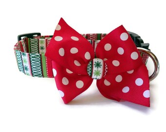 Christmas Candy Stripe Dog Cat Red and White Polka Dot Button Bow Collar ALL SIZES