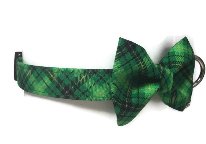 St. Patty's Green and Black Irish Plaid Bow Tie Dog Collar ALL SIZES imagem 2