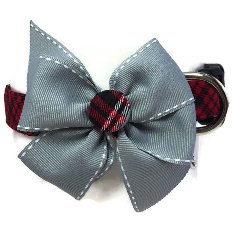 Winters Tartan Plaid Black, Red, and Grey Dog Cat Bow Collar ALL SIZES image 2