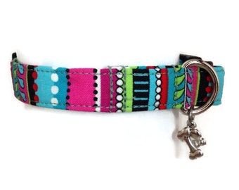 Vibrant Stripes Turquoise Black Floral Dog Cat Collar ALL SIZES