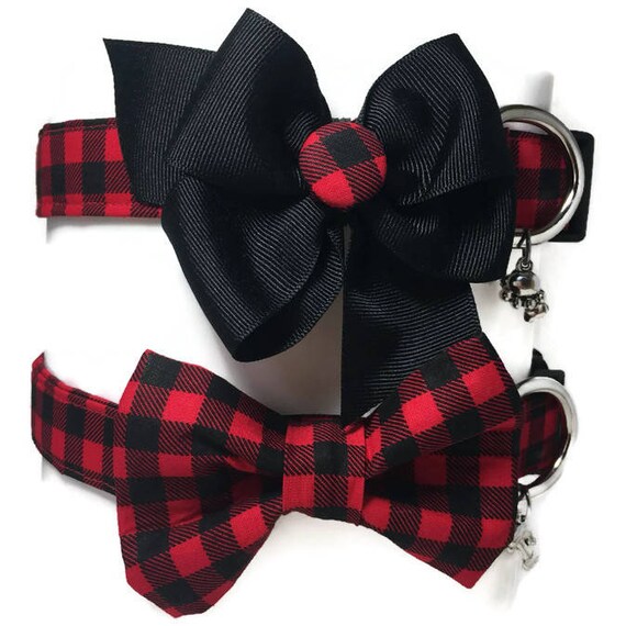 Buffalo Plaid Bow tie Dog Collar Buffalo Plaid Red Black Personalized Bow Tie Collar option