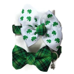 St. Patty's Green and Black Irish Plaid Bow Tie Dog Collar ALL SIZES imagem 3