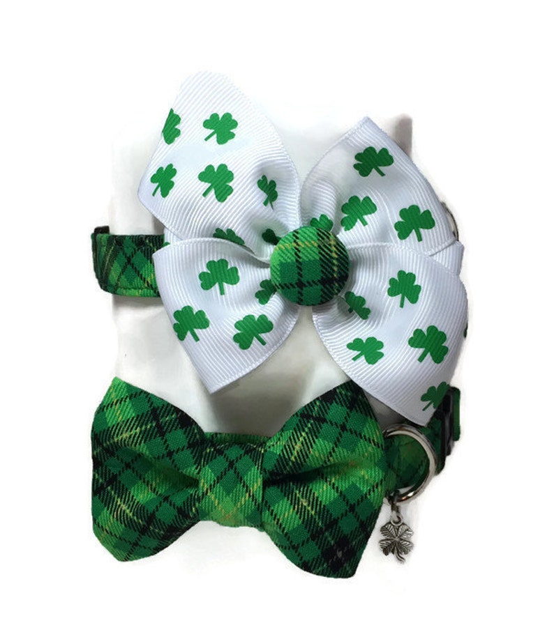 St. Patty's Green and Black Irish Plaid Bow Tie Dog Collar ALL SIZES imagem 3