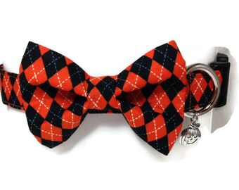 Halloween Orange and Black Argyle Bow Tie Dog Collar All Sizes