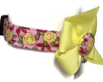 Yellow and Pink Vintage Rose Floral Dog Cat Button Bow Collar ALL SIZES