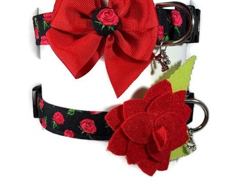 Kate's Rose Floral Dog Collar, Black and Red Rose ALL SIZES