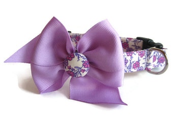 Purple Prim Floral Lavender Petaled Button Bow Dog Collar ALL SIZES