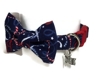 Patriotic Celebration Red White and Blue Bow Tie Dog Collar All Sizes