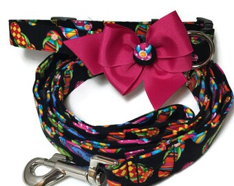 Flip flops Button Bow Dog Collar and Leash Set All Sizes