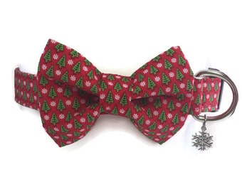 Buon Natale Christmas Tree Red and Green Bow Tie Dog Collar All Sizes