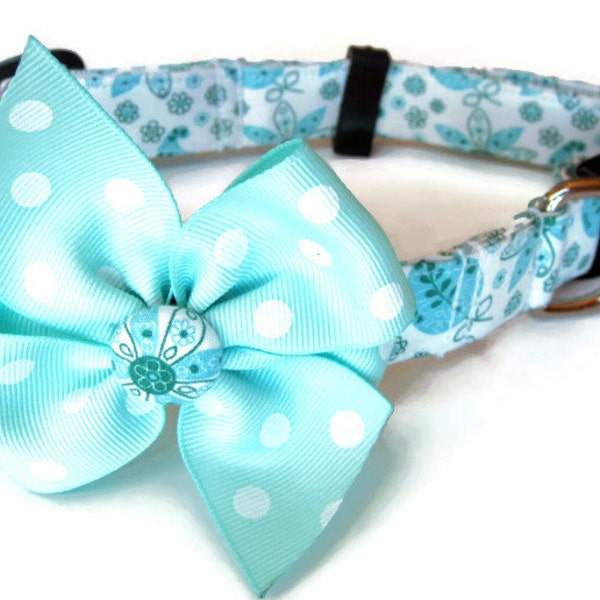 Aqua Blue Paisley Floral Dog Cat Button Bow Collar ALL SIZES