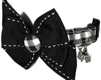 Buffalo Plaid Black and White Check  Button Bow Dog Collar ALL SIZES