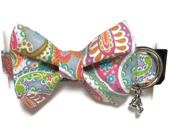 Grey Citrus Paisley Bow Tie Dog Collar ALL SIZED BREEDS