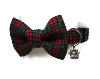 Traditional Red and Green Christmas Plaid Bow Tie Dog Collar ALL SIZES