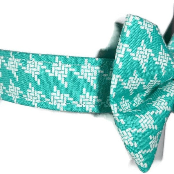 Handsome Herringbone Turquoise Plaid Bow Tie Dog Collar All Sizes