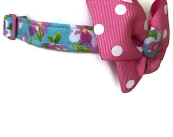 Sweet Pea Pink and Blue Floral Dog Cat Button Bow Collar ALL SIZES