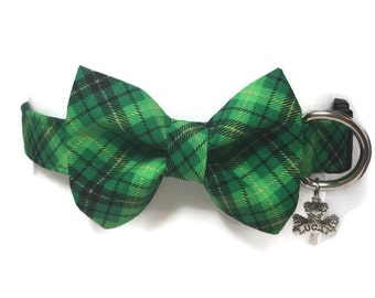 St. Patty's Green and Black Irish Plaid Bow Tie Dog Collar ALL SIZES