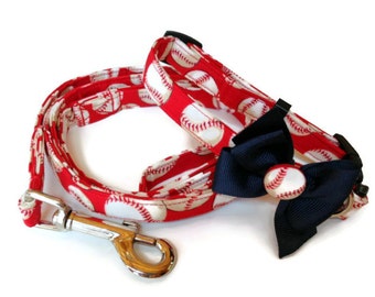 Red Baseball Dog Collar Leash Set ALL SIZES