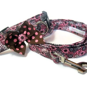 Pink and Brown Floral Dog Leash Collar Set medium image 1