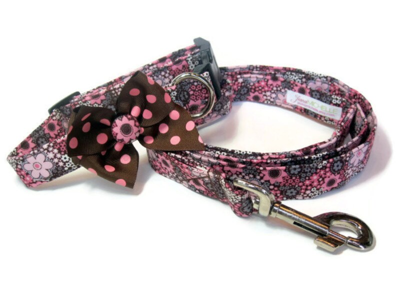 Pink and Brown Floral Dog Leash Collar Set medium image 1