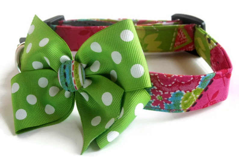 Pink and Green Multi Colored Patchwork Dog Cat Button Bow Collar ALL SIZES image 1