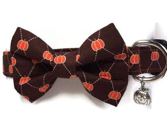 Autumn's Pumpkin Harvest Brown and Orange Bow Tie Dog  Collar ALL SIZES