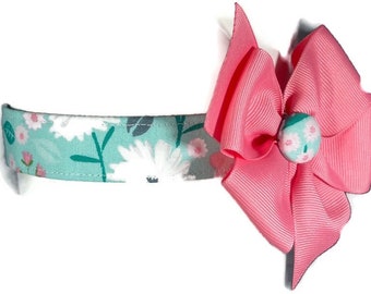 Floral Aqua Coral Pink Button Bow Dog Cat Collar ALL SIZES