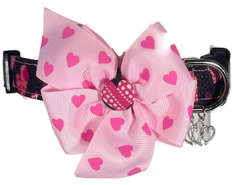 Pink and Black Hearts Valentine Dog Cat Bow Collar ALL SIZES