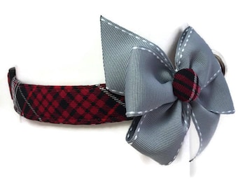 Winters Tartan Plaid Black, Red, and Grey Dog Cat Bow Collar ALL SIZES